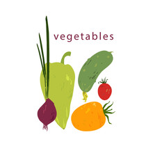  Fresh Autumn Vegetables. Tomato, Cucumber, Sweet Pepper, Red Onion. Vector Illustration.