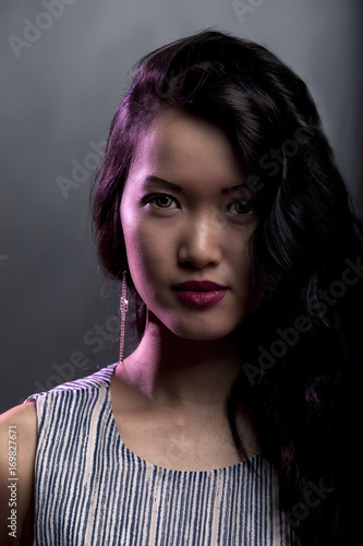 Asian Woman With Red Lips And Gold Earrings Has Really Pretty Eyes