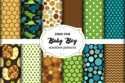 Photo Cute set of childish seamless patterns with dinosaurs ideal for fabrics, wallpap