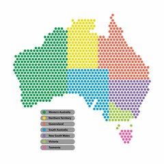 Aufkleber - Australia Map of circle shape with the provinces colored in bright colors on white background. Vector illustration dotted style.