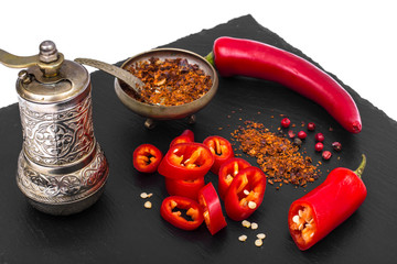 Canvas Print - Spice in cooking red chili pepper on black stone