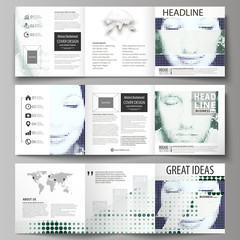 Business templates for tri fold square design brochures. Leaflet cover, vector layout. Halftone dotted background, retro style grungy pattern, vintage texture. Halftone effect with black dots on white