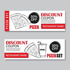 Wall Mural - Fast food gift voucher and coupon sale discount template flat design. Vector set of pizza hand drawn background.