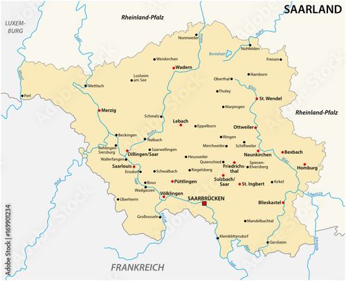 Plakat Mapa stanu Saary z najważniejszymi miastami w języku niemieckim