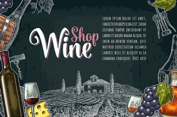 Wine Shop lettering. Vector vintage engraving illustration