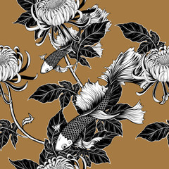 Sticker - Koi fish and chrysanthemum pattern by hand drawing.Tattoo art highly detailed in line art style.Fish and flower seamless pattern on batik cloth.