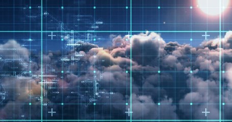 Binary code against white clouds 