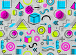 © kirasolly - Geometric memphis pattern for fashion and wallpaper. Universal colorful decorative geometrical forms on dirty old background