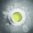 © kirasolly - Green tea with circle ecology doodles. Sketched eco elements with cup of green tea