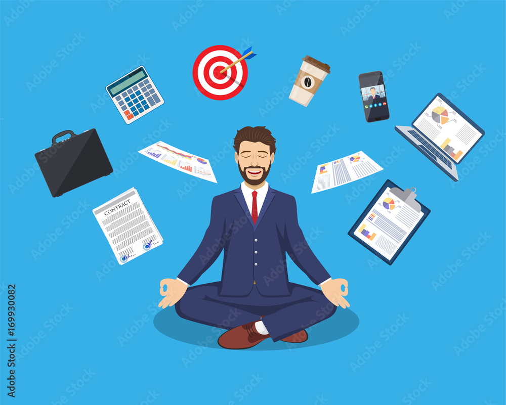 businessman meditating, time management, - obrazy, fototapety, plakaty 