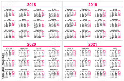 Set Wall Calendar 2018 2019 2020 2021 Grid Template Buy This Stock Vector And Explore Similar Vectors At Adobe Stock Adobe Stock 2021 and 2019 wall calendar