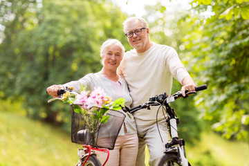 Sticker - happy senior couple with bicycles at summer park