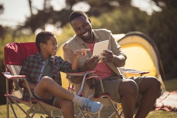 Wall Mural - Father and son using digital tablet in park