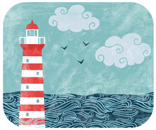Vector Vintage Illustration With Red And White Lighthouse In The Ocean, Waves, Birds And Clouds