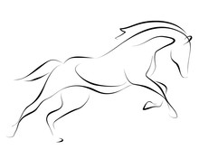 Running Black Line Horse On White Background. Vector Graphic.