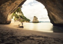 People At Cathedral Cove Beach In New Zealand