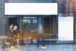 © ImageFlow - Gray cafe exterior with four posters, people toned