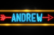Andrew  - fluorescent Neon Sign on brickwall Front view