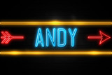 Andy  - fluorescent Neon Sign on brickwall Front view