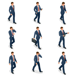 Isometric set of Businessman and businesswoman character design. People isometric business man in different poses isolated. Working in office.