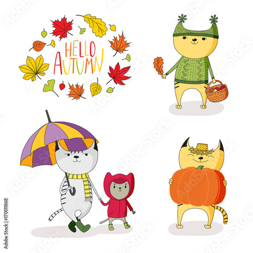 Hand Drawn Vector Illustration Of Cute Cats In Rain Coat