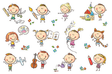 Leinwandbilder - Funny cartoon kids engaged in different creative activities like drawing, singing, modelling and so on. No gradients used, easy to print and edit. Vector files can be scaled to any size.