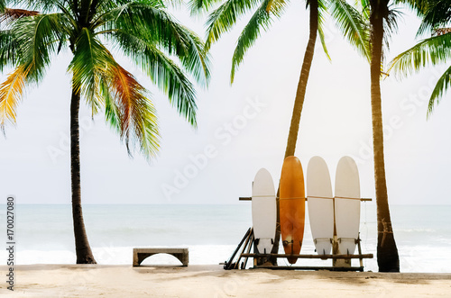 Dekoracja na wymiar  deska-surfingowa-i-palmy-na-tle-plazy