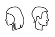 Vector isolated man and woman heads in profile. Outline icon of male and female faces