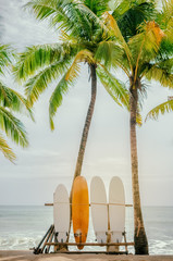 Poster - surfboard and palm tree on beach background.