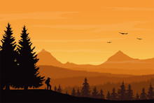 Vector Illustration Of Mountain Landscape With Forest And Photographer Under Orange Sky With Clouds