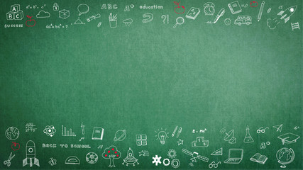 green school teacher’s chalkboard background with doodle and blank copyspace for childhood imaginati