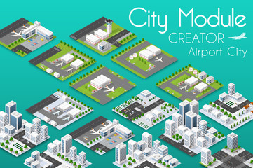 Wall Mural - City module creator isometric airport of urban infrastructure business. Vector building illustration of skyscraper and collection of urban elements architecture, home, construction, block and park