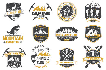 Wall Mural - vintage typography design with mountaineers and mountain silhouette.