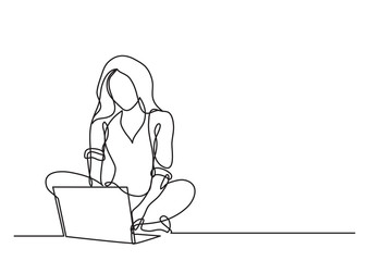 continuous line drawing of woman with laptop