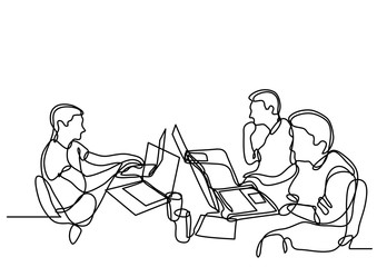 continuous line drawing of programmers with laptops working