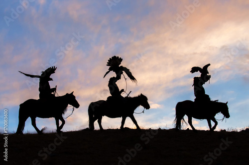 Silhouette Of Golden Eagle Hunters Olgii Mongolia Buy