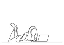 One Line Drawing Of Woman Lying With Laptop