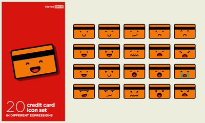 Set of Cute Credit Card Emoji Line Icons In Different Expressions