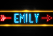 Emily  - Fluorescent Neon Sign On Brickwall Front View
