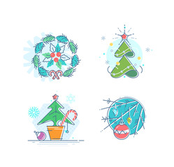 Wall Mural - Flat Christmas and New Year little illustrations. Line and color design elements for holiday cards.