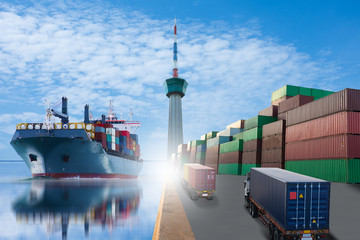 ship with container vessel go to international terminal port with throughput Capacity import export goods Far Eastern Freight Conferenceto client concept worker team of business.