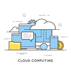 Wall Mural - Cloud computing, data storage, web services. Flat line art style concept. Vector banner, icon, illustration. Editable stroke.