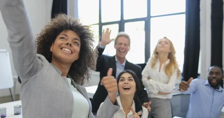 Wall Mural - Successful Business Team Take Selfie Photo On Meeting, Mix race Businesspeople Group Make Self Portrait Together In Modern Office Slow Motion 60