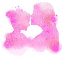 Double Exposure Illustration. Side View Of Mother And Baby Silhouette Plus Abstract Watercolor Painted. Digital Art Painting