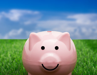 Coin bank sitting on grass with hand putting in a coin.