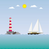 Fototapeta Łazienka - sailboat and lighthouse, sailboat past the lighthouse