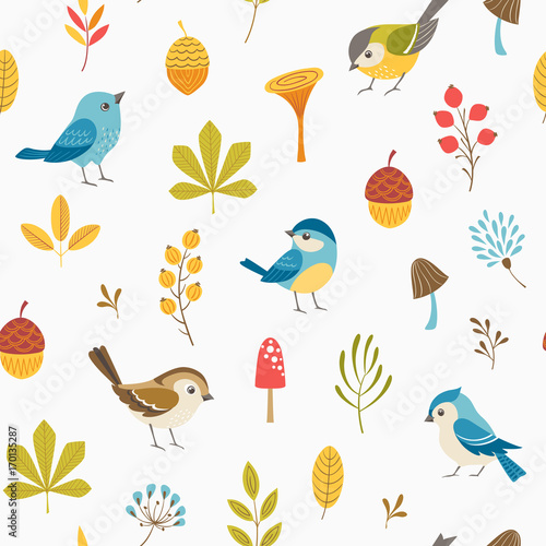 Autumn floral seamless pattern with little birds, leaves, berries, mushrooms and acorns Canvas Print