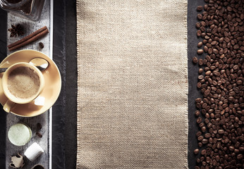 Poster - cup of coffee and beans on wood