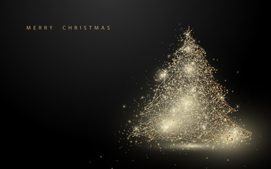 Poster - Low polygon gold christmas tree wireframe mesh background
