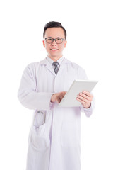 Wall Mural - Handsome asian doctor wearing white coat and smiling isolated over white background